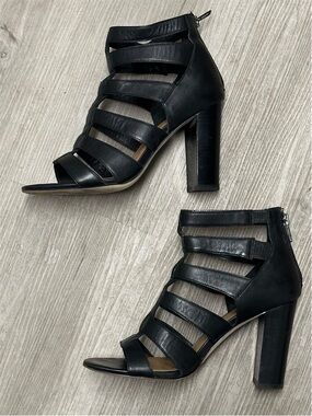 Atwell Black Leather Strappy Block Heel Cage Sandals 8.5